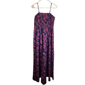 Floral Smocked Maxi Dress Navy Blue Coral Pink Boho Spaghetti Strap Summer L